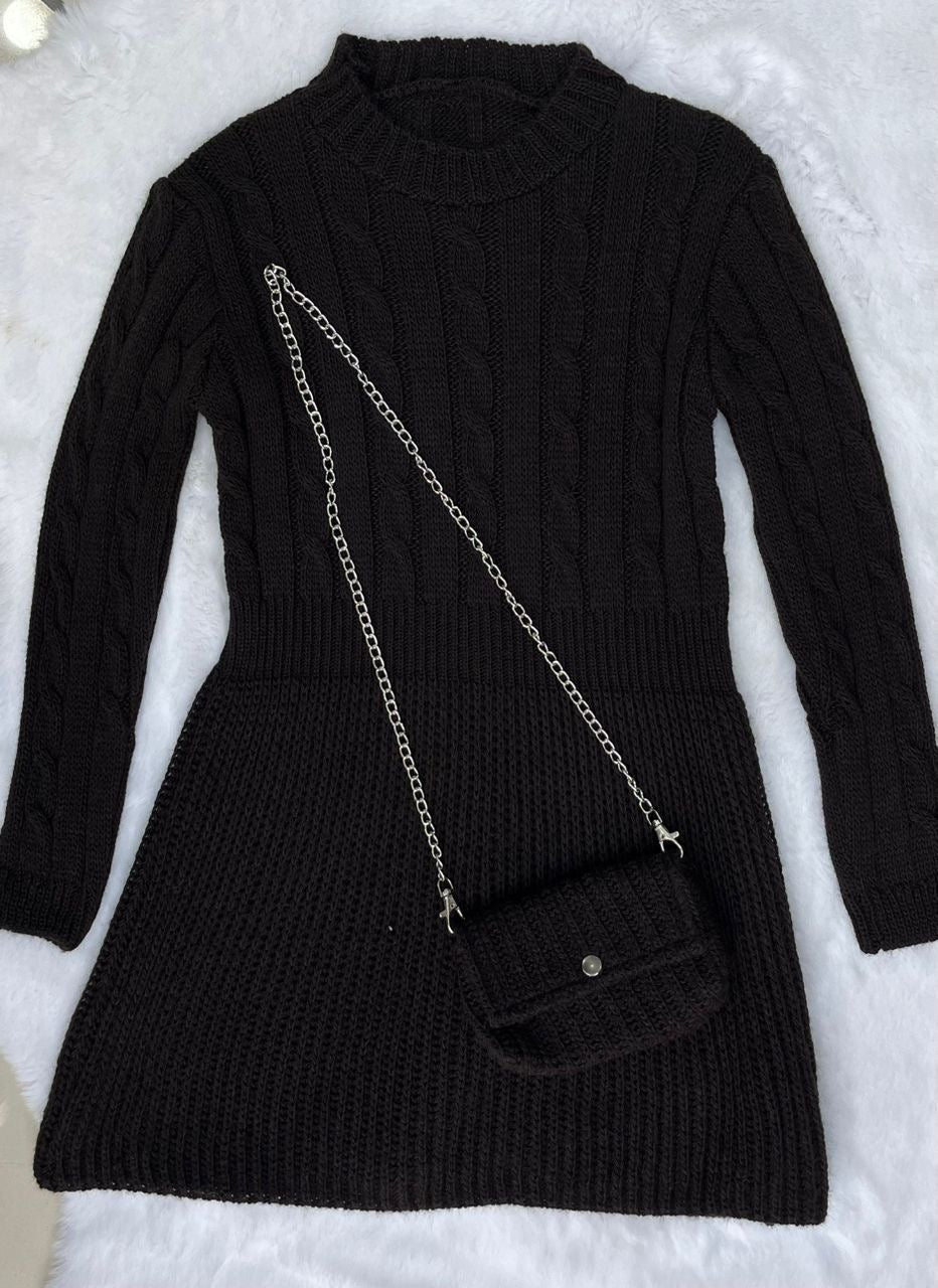 Robe en laine marron – Avec petit sac assorti 🖤✨